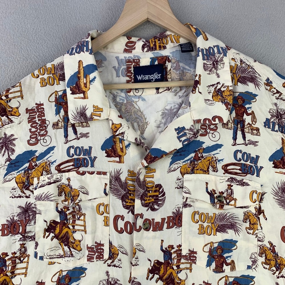 Wrangler Coconut Cowboy Aloha Camp Shirt Men XXL Cream Western Rodeo Loop Collar